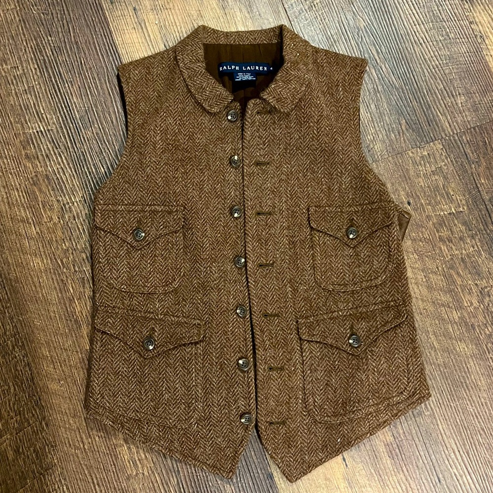 Ralph Lauren Blue Label lambswool/leather vest brown herringbone womens size 4